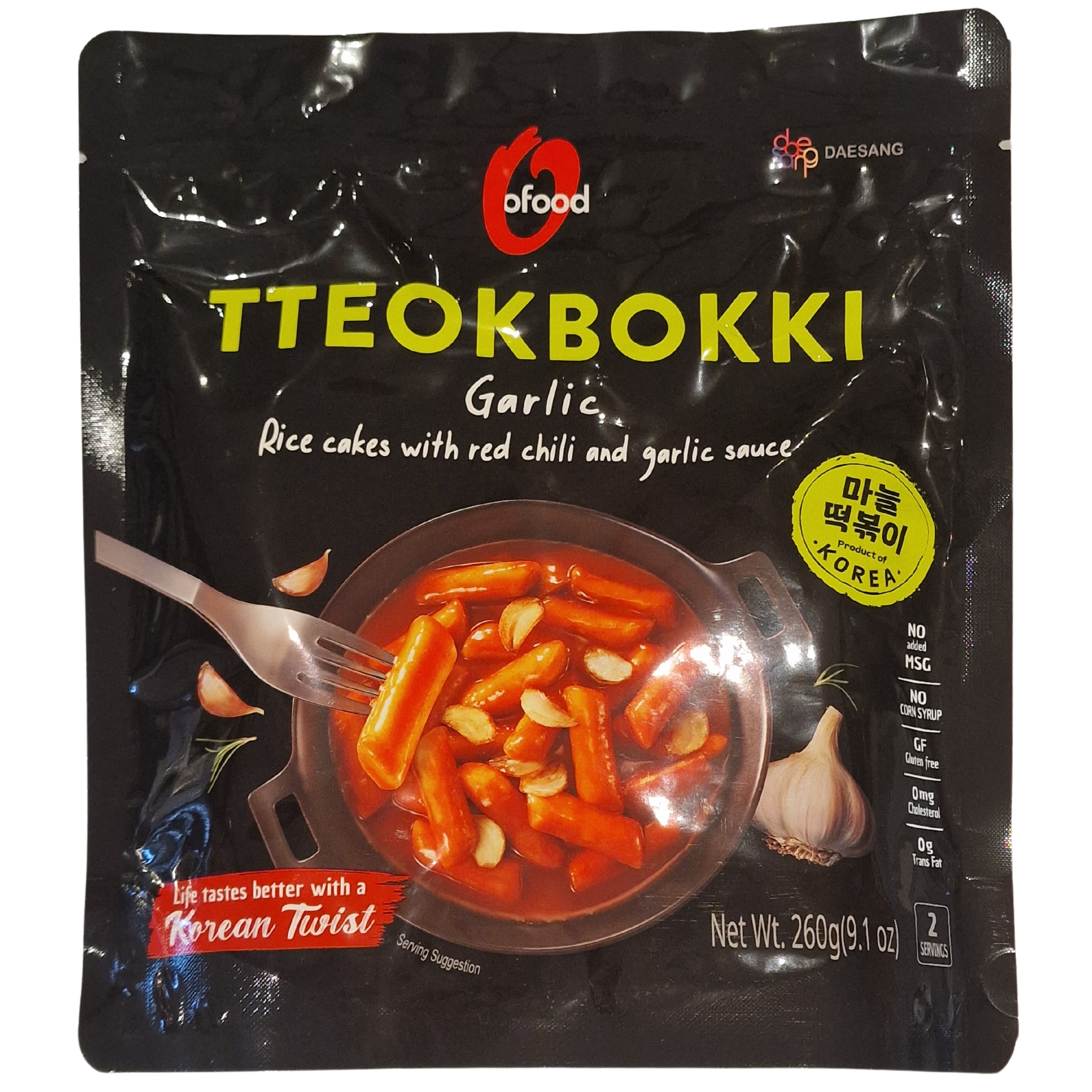 Garlic Tteokbokki Rice Cakes with Red Chili and Garlic Sauce O'food ( 260g.)